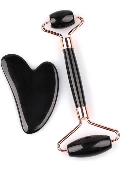 Obsidyen Doğal Taş 2'li Özel Kutulu Set Face Roller + Gua Sha Masaj Taşı