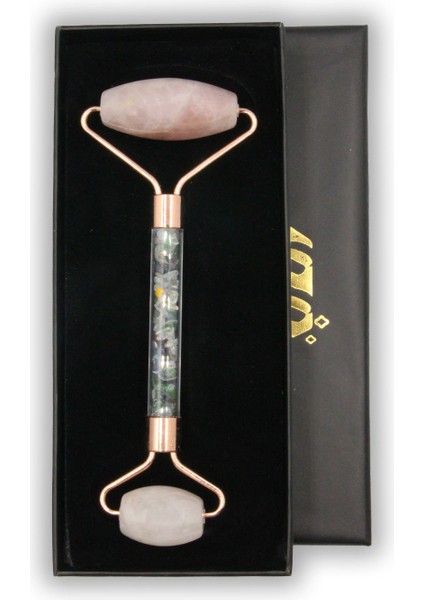 Pembe Kuvars Başlıklı Karma Kırık Taş Gövdeli Doğaltaş Face Roller Yüz Masaj Aleti