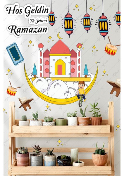 Hoşgeldin Ramazan Renkli Fener Sarkıt Cam Duvar Camili Sticker Seti
