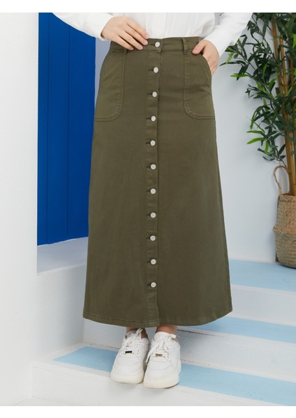 Boydan Düğmeli Gabardin Etek- Haki fiyatları