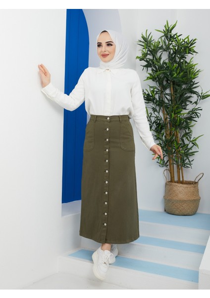 Boydan Düğmeli Gabardin Etek- Haki fırsatları
