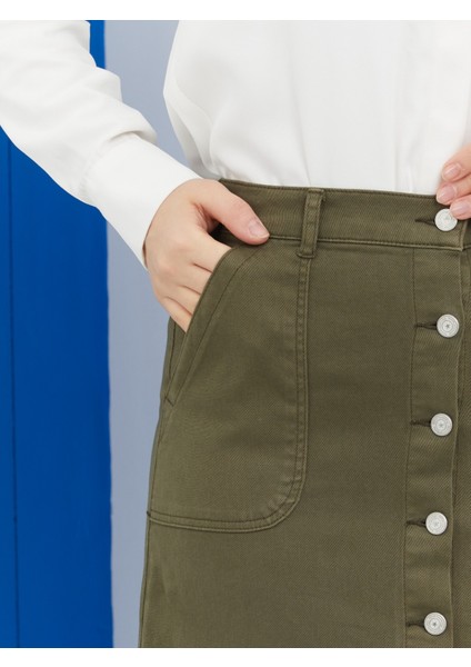 Boydan Düğmeli Gabardin Etek- Haki indirimleri