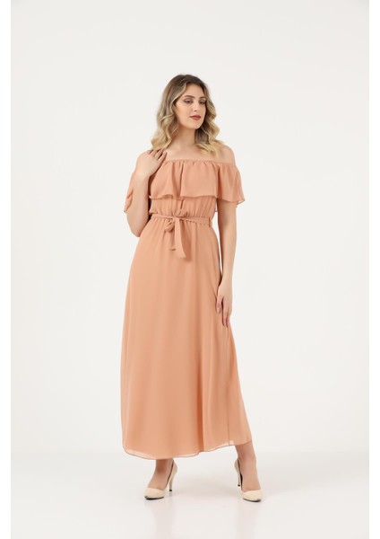 Şifon Yakası ve Beli Lastikli Volanlı Kloş Uzun Elbise fiyatları