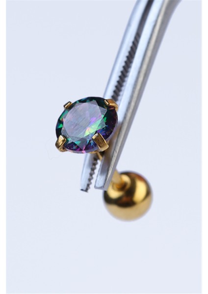 Yuvarlak Taş Koyu Hologram Büyük Boy Gold Piercing