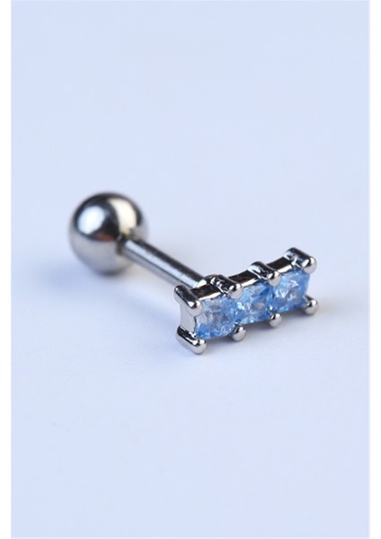 3 Kare Baget Mavi Taş Silver Piercing
