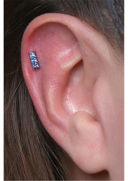 3 Kare Baget Mavi Taş Silver Piercing