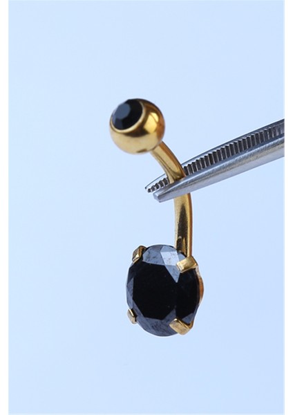 Topu Taşlı Siyah Taş Göbek Gold Piercing
