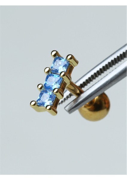 3 Kare Baget Mavi Taş Gold Piercing