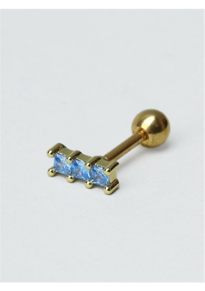 3 Kare Baget Mavi Taş Gold Piercing