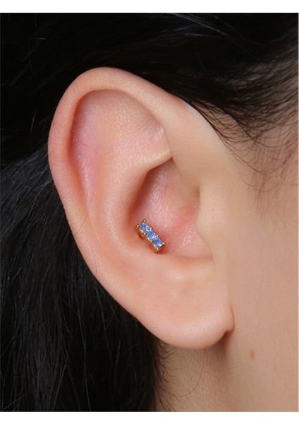 3 Kare Baget Mavi Taş Gold Piercing