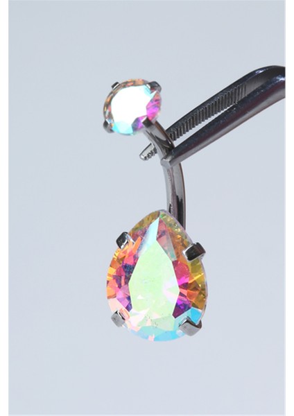 Hologram Damla Taş Büyük Boy Göbek Silver Piercing
