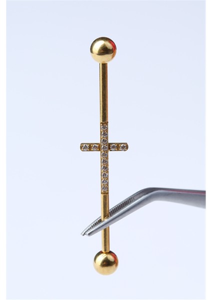 Taşlı Haç Model Köprü Gold Piercing