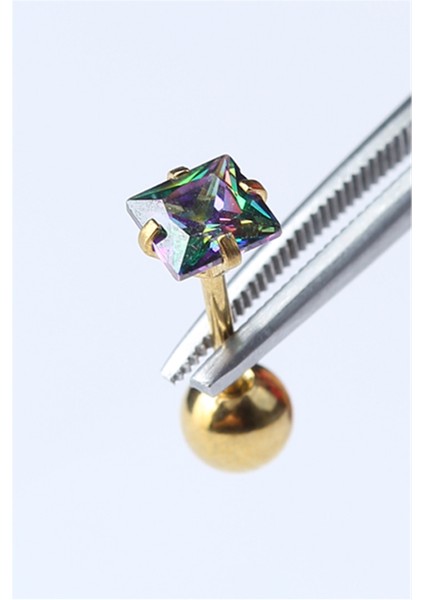 Kare Taş Koyu Hologram Gold Piercing