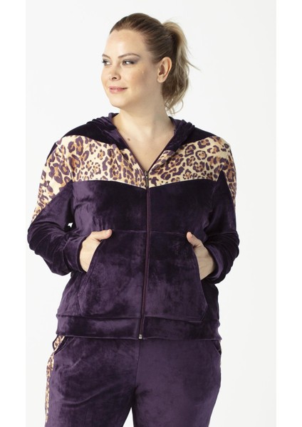 1927 Leopar Detaylı Mürdüm Tam Kalıp Tarz Kapüşonlu Kadife Büyük Beden Eşofman Takımı