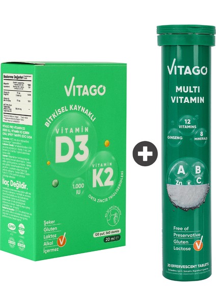 2’li Paket - Vitago ProVitamin D3, Vitamin K2, 20ml Sprey + Vitago Multivitamin, 20li Efervesan