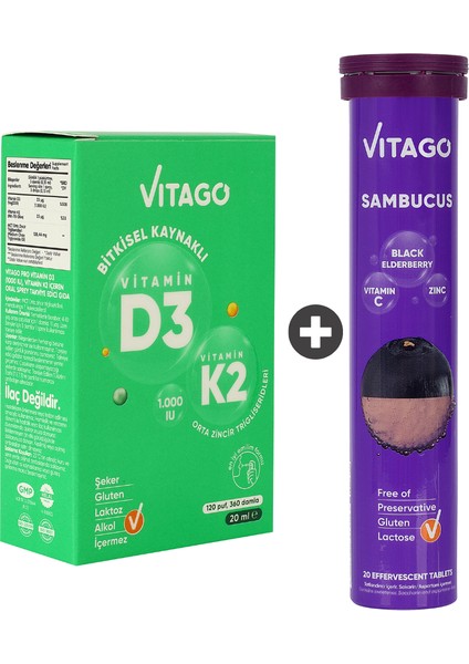 2’li Paket – Vitago Provitamin D3, Vitamin K2, 20 ml Sprey + Vitago Sambucus 20 Efervesan Tablet