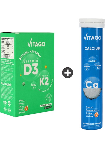 2’li Paket – Vitago Provitamin D3, Vitamin K2, 20 ml Sprey + Vitago Prokalsiyum 20 Efervesan Tablet