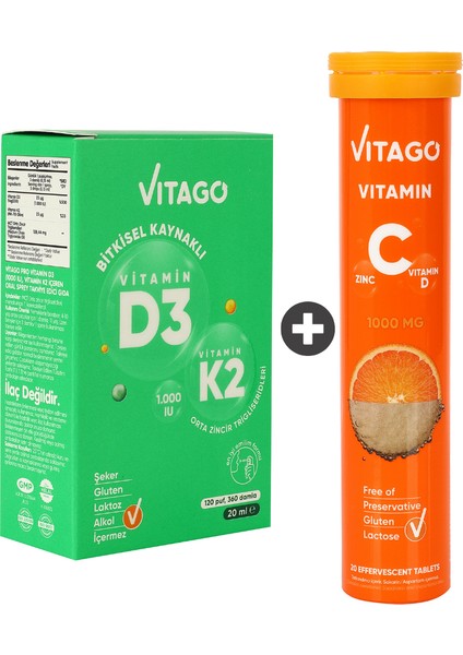 2’Li Paket – Vitago Provitamin D3, Vitamin K2, 20 Ml Sprey + Vitago Vitamin C 20 Efervesan Tablet