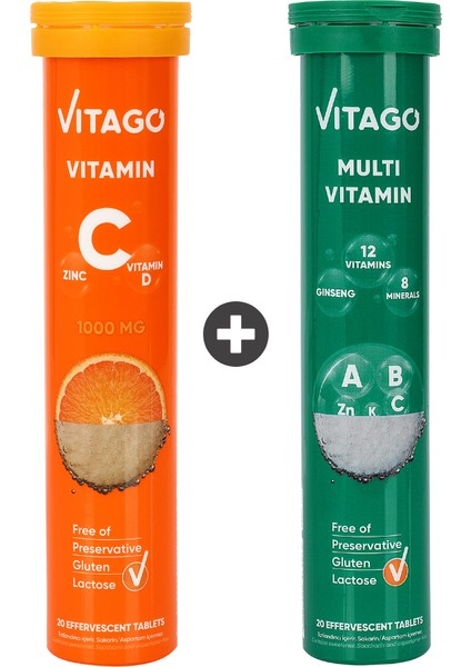 2’li Paket - Vitago Vitamin C + Vitago Promultivit Multivitamin, 20'li Efervesan Tablet
