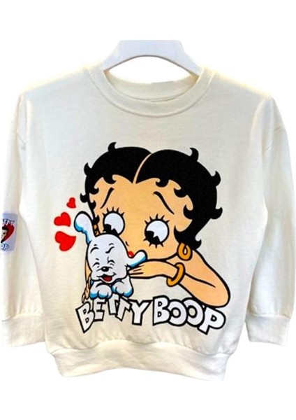 Betty Boop Dijital Baskılı Ekru Renk Bisiklet Yaka 2 Iplik Detaylı Sweatshirt