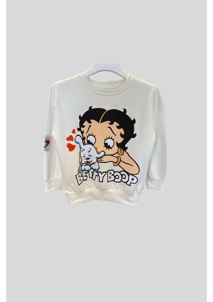 Betty Boop Dijital Baskılı Ekru Renk Bisiklet Yaka 2 Iplik Detaylı Sweatshirt fiyatları