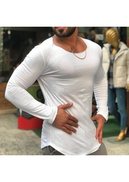 The One Siyah Erkek Basic Uzun Kol Kesik Yaka, Açık Yaka, Oval Kesim, %100 Pamuklu Slim T-Shirt