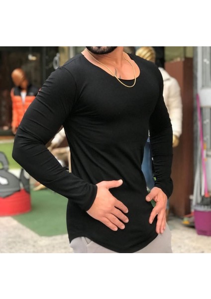 The One Siyah Erkek Basic Uzun Kol Kesik Yaka, Açık Yaka, Oval Kesim, %100 Pamuklu Slim T-Shirt