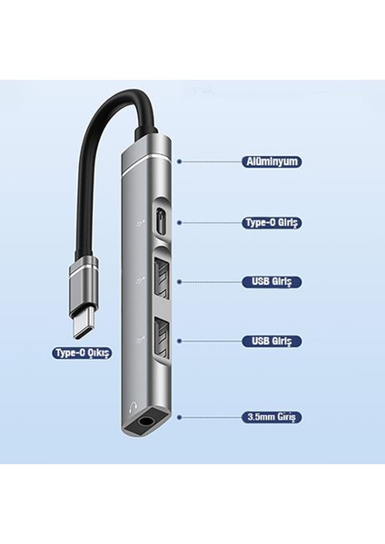 4in1 Type C Çoğaltıcı Çevirici Hub, 2x Usb, 1x Type C ve 1x 3.5mm Girişli Adaptör