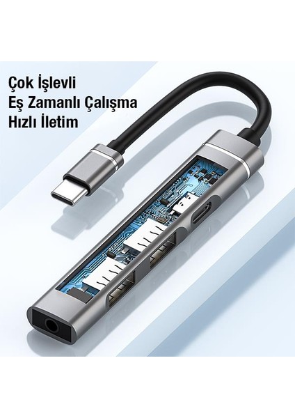 4in1 Type C Çoğaltıcı Çevirici Hub, 2x Usb, 1x Type C ve 1x 3.5mm Girişli Adaptör