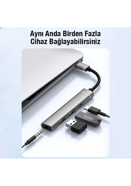 4in1 Type C Çoğaltıcı Çevirici Hub, 2x Usb, 1x Type C ve 1x 3.5mm Girişli Adaptör