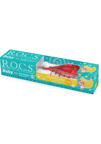 R.o.c.s. Rocs Baby 0-3 Yaş Muz Püresi Tadında Diş Macunu 45G + Diş Fırçası Seti Kırmızı