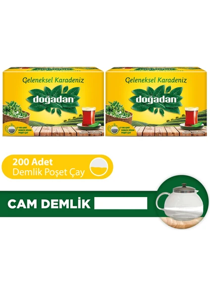 Geleneksel Karadeniz Demlik Poşet Çay 100'LÜ 2 Adet + Cam Demlik