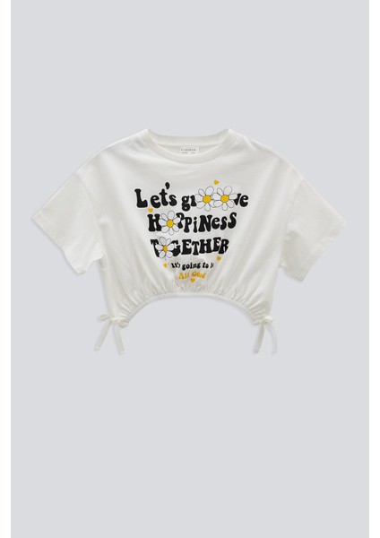 (Kids Girl) Ön Baskılı Yanları Büzgülü Crop T-Shırt