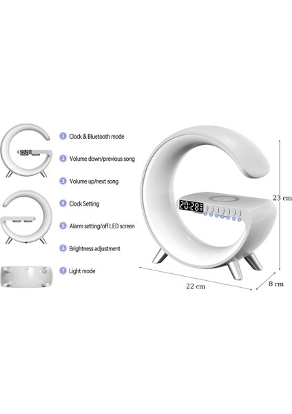 Coverzone G Akıllı Işık Gündoğumu Çalar Saat 15W Hızlı Kablosuz Şarj Bluetooth Hoparlör 22*23*8 cm N69