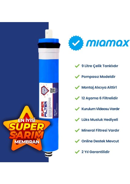 Miamax 12 Aşama 9 Litre Çelik Tanklı Mineralli Su Arıtma Cihazı modelleri