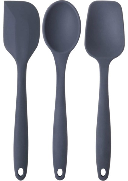 Büyük Boy Yanmaz Silikon Düz, Yassı, Kaşık Spatula Seti 3 Parça - Spatula Kaşık Antrasit