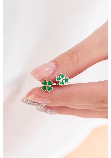 925 Ayar Minik Yeşil Yonca Küpe Kadın Gümüş Küpe