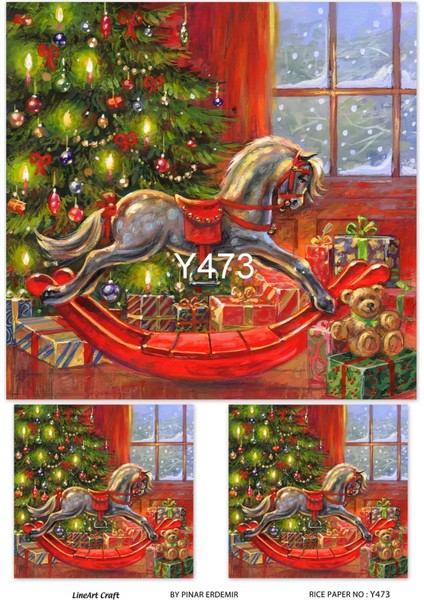 Y473 Atlı Karınca, Kırmızı, Çam Ağacı, Kar Desenli Pirinç Dekopaj 30X42