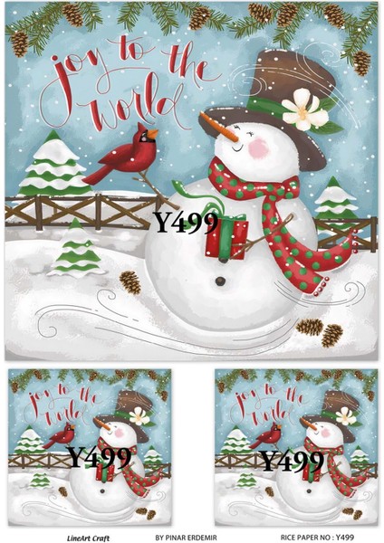 Y499 Joy To The World, Kardan Adam, Kırmızı, Yeşil Desenli Pirinç Dekopaj 30X42