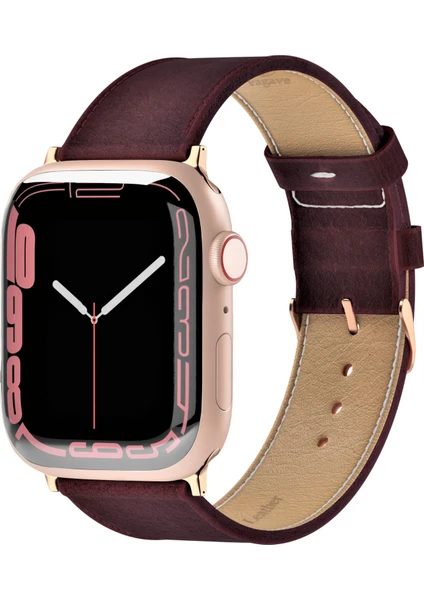 Apple Watch Uyumlu 42MM 44MM 45MM 49MM Ultra Ultra 2 - 2 3 / 4 / 5 / 6 / Se / 7 / 8 /9 Deri Kordon Hakiki Deri Kayış Bordo