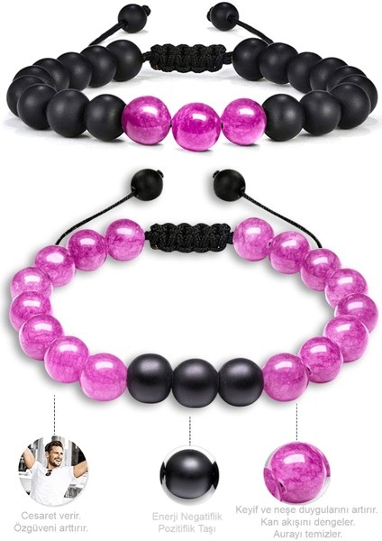 Sertifikalı Doğal Pembe Gül Kuvars Oniks Taşı Doğal Taş Bileklik Seti