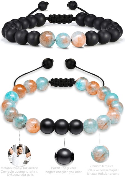 Sertifikalı Doğal Mavi Kahverengi Kuvars Oniks Taşı Doğal Taş Bileklik Seti