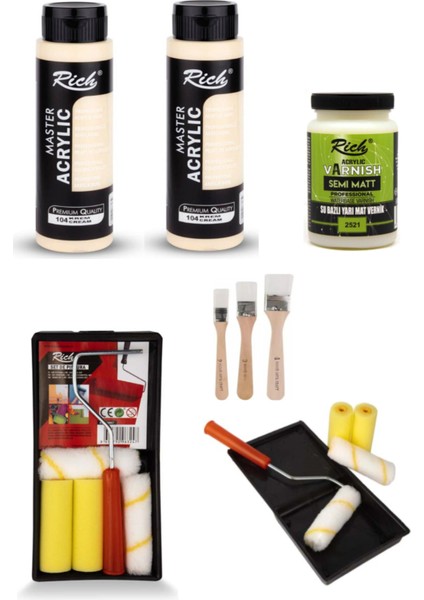 Rich Master Akrilik Boya Krem 500CCX2 Dolap Boyama + Mobilya Boyama Seti Vernik Set