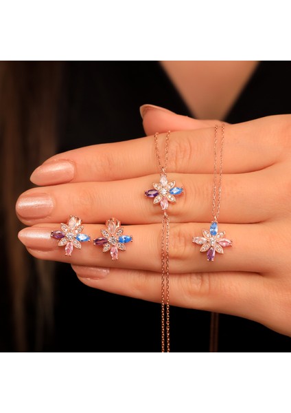 925 Ayar Gümüş Mix Taşlı Kamelya Çiçeği Set