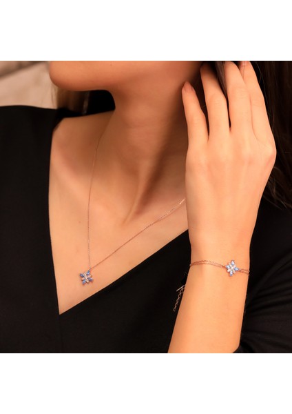 925 Ayar Gümüş Aquamarine Taşlı Kamelya Çiçeği Kolye Bileklik Set