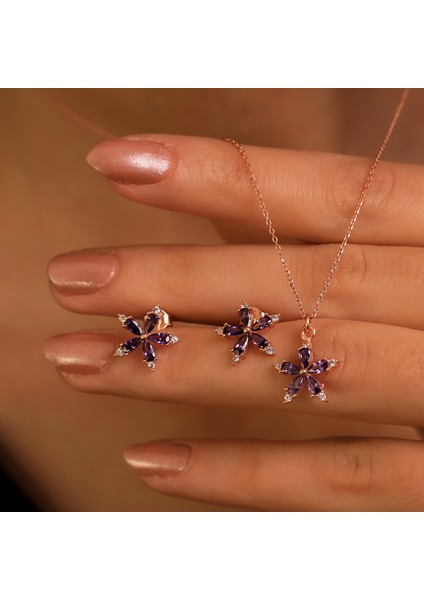 928 Ayar Gümüş Ametis Taşlı Nergis Çiçeği Kolye Küpe Seti