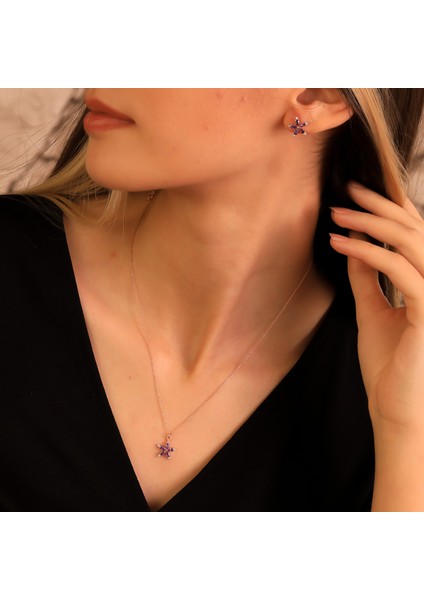 928 Ayar Gümüş Ametis Taşlı Nergis Çiçeği Kolye Küpe Seti fiyatları