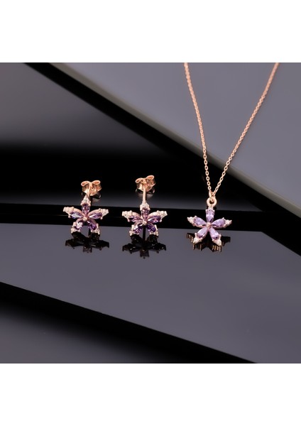 928 Ayar Gümüş Ametis Taşlı Nergis Çiçeği Kolye Küpe Seti modelleri