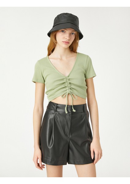 Crop Tişört V Yaka Kısa Kollu Drapeli modelleri