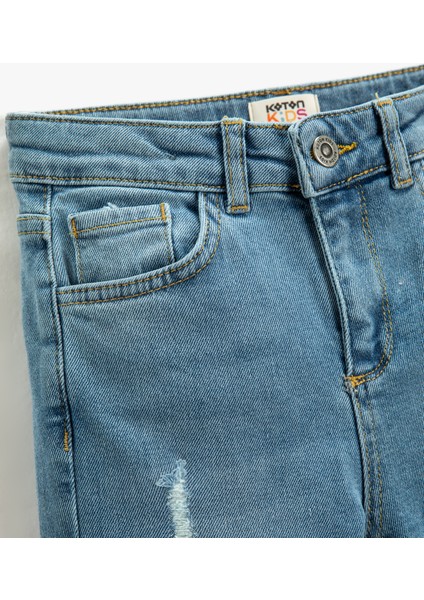 Kot Pantolon Yıpratılmış Detaylı Pamuklu Cepli - Slim Jean